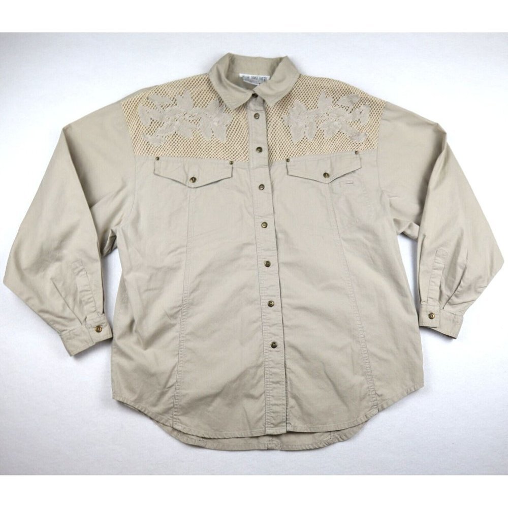 VINTAGE WOMEN S BEIGE LONG SLEEVE BUTTON-UP MESH DETAIL - SIZE L - TOGETHER
